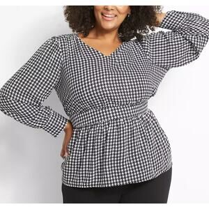 Lane Bryant Black & White Houndstooth VNeck Long Sleeve Peplum Blouse 22 3X Plus